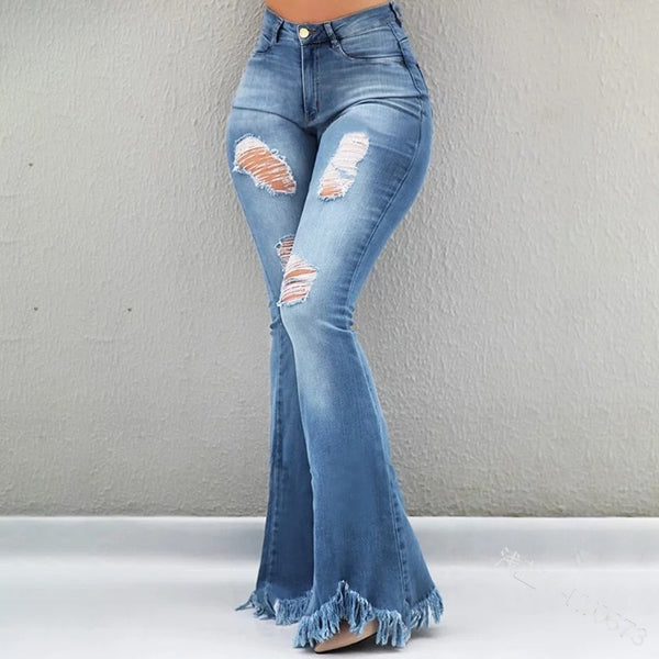 Bell Bottom Jeans Faded Denim High Waist Flare Pants Ripped Holes Destroyed Fringed Hem Boho Festival Hippie Available In Dark Wash & Black Too! Small Medium Large Extra Large XL XXL 2X XXXL 3X Plus Size