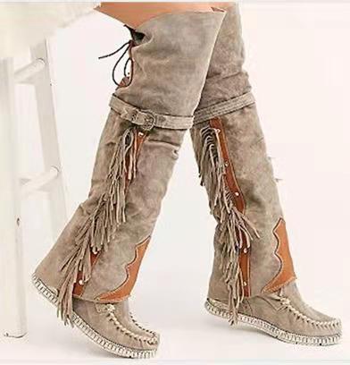 Over The Knee Moccasins With Fringe Beige Brown Black Olive Green Or Burgundy Wine Vegan Suede Lace Up And Stay Up Buckle Boho Knee High Boots