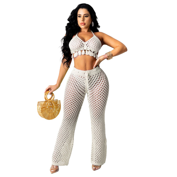 Fishnet Pants And Tassel Top Set In 5 Different Colors You Choose Tan White Black Orange Or Pink Stretch Crochet Drawstring Waist Festival Outfit Or Beach Cover Up Available In Sizes Small Medium Large Or XL