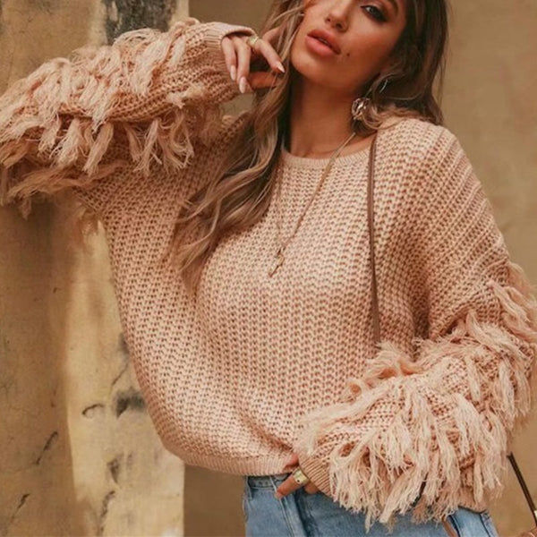 Sweater With Fringed Sleeves