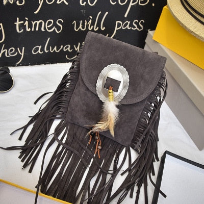 Fringe Crossbody Bag Vegan Suede Leather With Concho And Feathers Boho Messenger Bag Choose Brown Black Or Gray Wear Your Purse As A Cute Accessory!