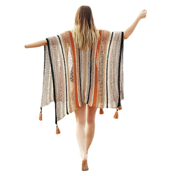 Boho Beach Ruana Boho Ruana Rust Beige Black Open Knit Beach Poncho With Tassels Great ...