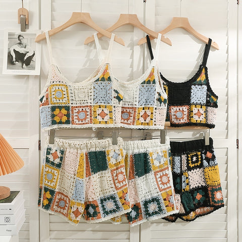 Granny Squares Short Set Beige White Or Black You Choose Crochet Midrift Cami Top Elastic Waist Shorts Beachwear Boho One Size