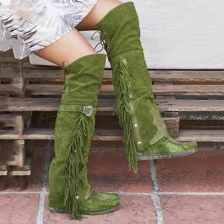 Over The Knee Moccasins With Fringe Beige Brown Black Olive Green Or Burgundy Wine Vegan Suede Lace Up And Stay Up Buckle Boho Knee High Boots