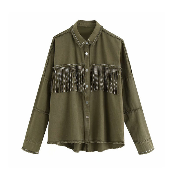 Denim Fringed Jacket Black Army Green Lavender Beige Red Or Ivory Studded Suede Fringe Frayed Edges Button Up Front Studs On Cuffs And Collar Too Available In Sizes XS Small Medium Or Large