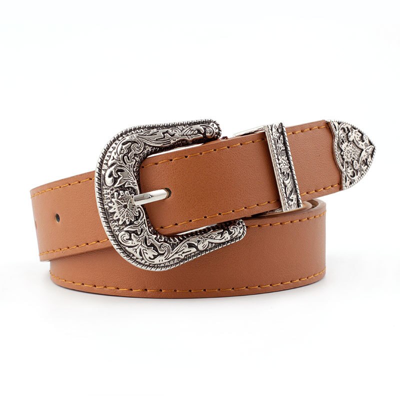 Western Cowgirl Belt Vegan Leather Etched Flowers Silver Metal Buckle ...