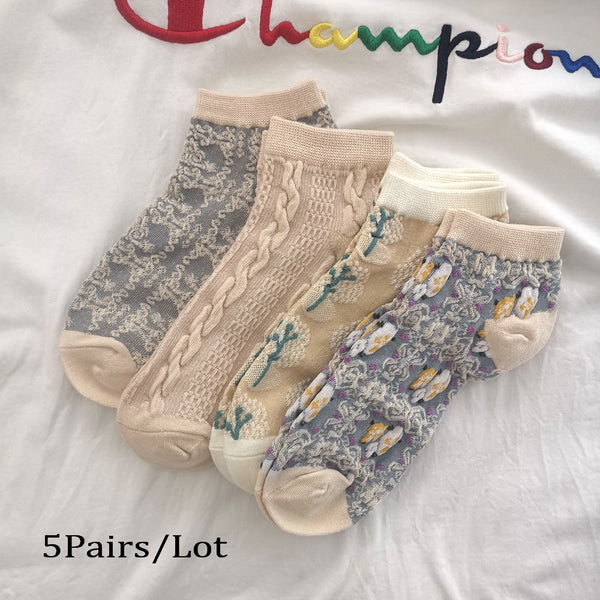 Bohemian Socks 5 Pack Embroidery Lace Flowers 19 Different Styles You Choose Crew Socks Or Short Socks Pink White Purple Lavender Green Beige Brown Blue Gray Unique Boutique Socks