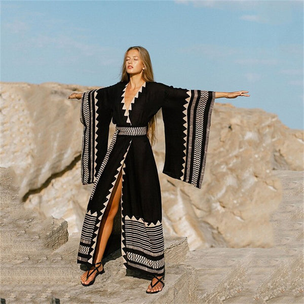 Tribal Kimono Maxi Length Black & Beige Geisha Sleeves Full Length Boho Beach Robe Obi Style Belt One Size