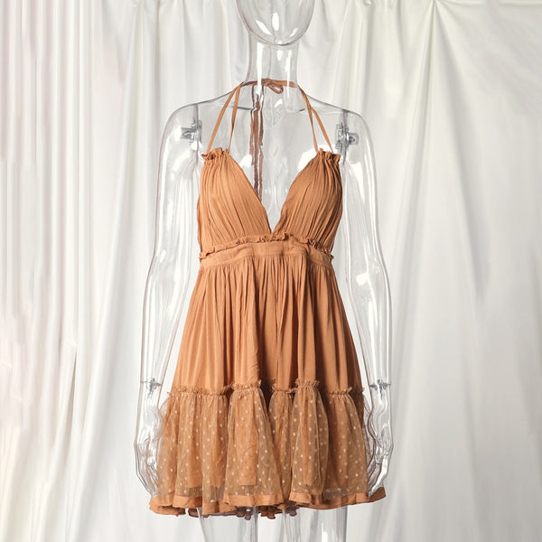 Boho Mini Dress "100 Degree" Availble In 15 Different Colors 4 Floral Prints You Choose Halter Top With Tiered Polka Dot Netting Available In Sizes Small Medium Or Large Free Spirited People