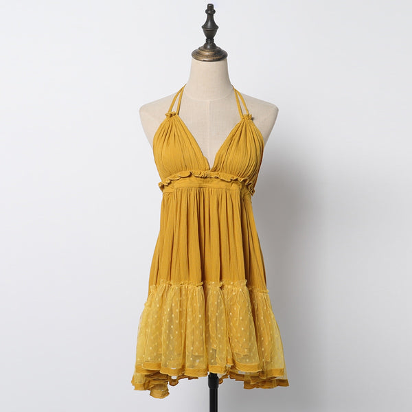 Boho Mini Dress "100 Degree" Availble In 15 Different Colors 4 Floral Prints You Choose Halter Top With Tiered Polka Dot Netting Available In Sizes Small Medium Or Large Free Spirited People