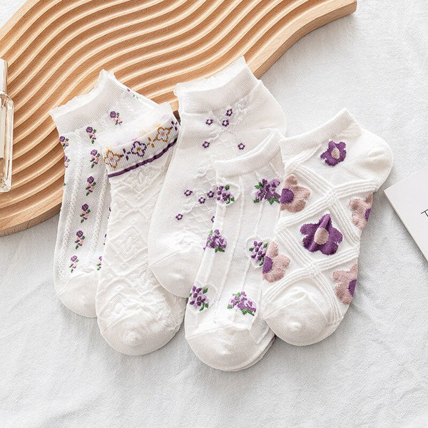 Bohemian Socks 5 Pack Embroidery Lace Flowers 19 Different Styles You Choose Crew Socks Or Short Socks Pink White Purple Lavender Green Beige Brown Blue Gray Unique Boutique Socks