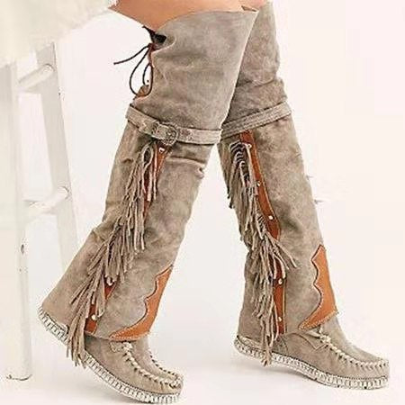 Over The Knee Moccasins With Fringe Beige Brown Black Olive Green Or Burgundy Wine Vegan Suede Lace Up And Stay Up Buckle Boho Knee High Boots