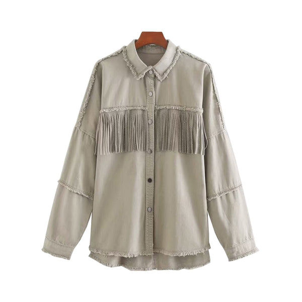 Denim Fringed Jacket Black Army Green Lavender Beige Red Or Ivory Studded Suede Fringe Frayed Edges Button Up Front Studs On Cuffs And Collar Too Available In Sizes XS Small Medium Or Large