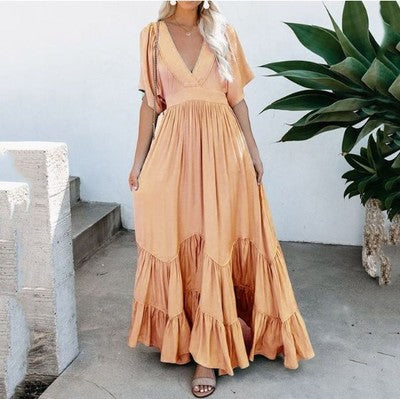 Bohemian Maxi Dress Short Fluttered Sleeves Tiered Skirt Deep V Plunge Neck Light Baby Blue Orange Sherbert Gray Pink Or Sage Green Available In Sizes Small Medium Large XL Or Plus Size XXL 2X Works Great For Maternity Sizes Too