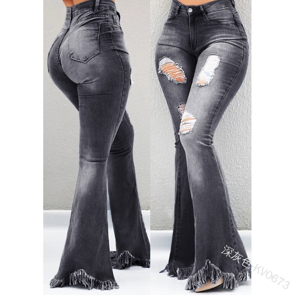 Bell Bottom Jeans Faded Denim High Waist Flare Pants Ripped Holes Destroyed Fringed Hem Boho Festival Hippie Available In Dark Wash & Black Too! Small Medium Large Extra Large XL XXL 2X XXXL 3X Plus Size