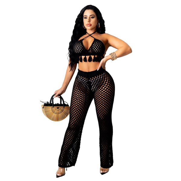 Fishnet Pants And Tassel Top Set In 5 Different Colors You Choose Tan White Black Orange Or Pink Stretch Crochet Drawstring Waist Festival Outfit Or Beach Cover Up Available In Sizes Small Medium Large Or XL