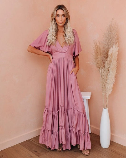 Bohemian Maxi Dress Short Fluttered Sleeves Tiered Skirt Deep V Plunge Neck Light Baby Blue Orange Sherbert Gray Pink Or Sage Green Available In Sizes Small Medium Large XL Or Plus Size XXL 2X Works Great For Maternity Sizes Too