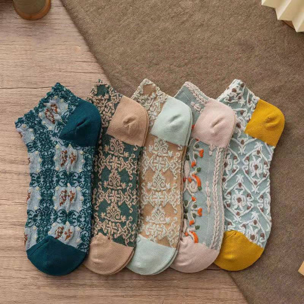 Bohemian Socks 5 Pack Embroidery Lace Flowers 19 Different Styles You Choose Crew Socks Or Short Socks Pink White Purple Lavender Green Beige Brown Blue Gray Unique Boutique Socks