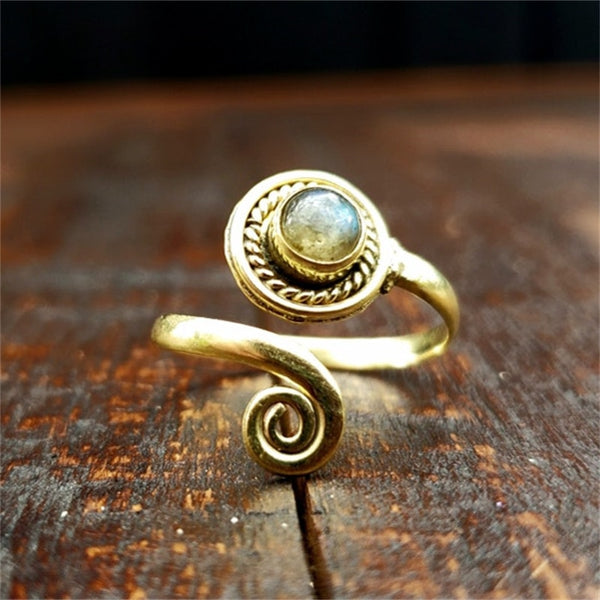 Moonstone Spiral Ring Gold Tone Exquisite Bohemian Gypsy Ring Great For Stacking Adjustable