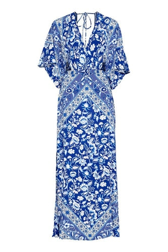 Lolita Bohemian Maxi Dress Flutter Kimono Sleeves In  Bluebelle Blue Floral Long Slits Cutout Sides Backless Available In Sizes Small Medium Or Large