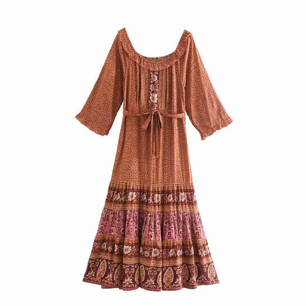 Gypsy Maxi Dress Floral Orange And Burgundy Or Blue And Blush You Choose Bohemian Ruffles Flare Sleeves Tie Waist Peasant Blouse Gown Available In Sizes XS Small Medium Or Large