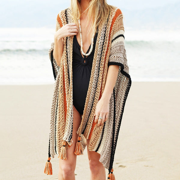 Boho Beach Ruana Boho Ruana Rust Beige Black Open Knit Beach Poncho With Tassels Great ...