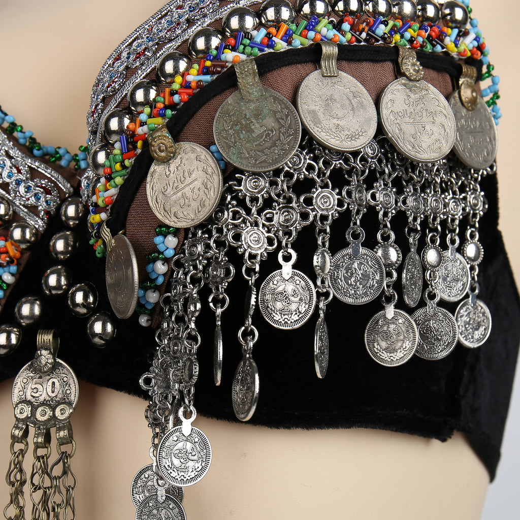 Gypsy Coin Bra Black With Silver Studs Beads Summer Festival Belly Dan –  Made4Walkin