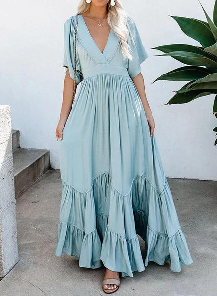 Bohemian Maxi Dress Short Fluttered Sleeves Tiered Skirt Deep V Plunge Neck Light Baby Blue Orange Sherbert Gray Pink Or Sage Green Available In Sizes Small Medium Large XL Or Plus Size XXL 2X Works Great For Maternity Sizes Too