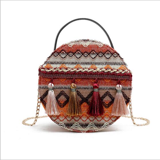 Boho Canteen Purse With Tassels Blue Or Gold You Choose Ethnic Print Round Over The Shoulder Crossbody Bag With Gold Chain Strap Bohemian Messenger Handbag