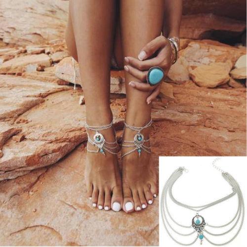 Boho Barefoot Sandal Silver And Turquoise Crescent Gypsy Ankle Bracelet Bohemian Festival Beach Foot Jewelry