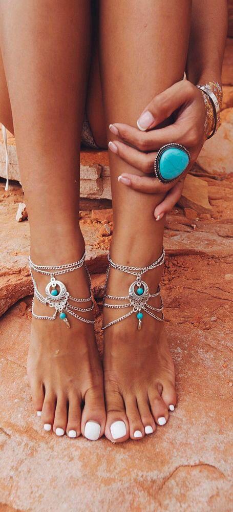 Boho Barefoot Sandal Silver And Turquoise Crescent Gypsy Ankle Bracelet Bohemian Festival Beach Foot Jewelry