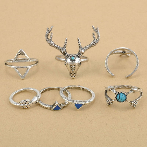 Deer Skull Silver Turquoise Ring Set