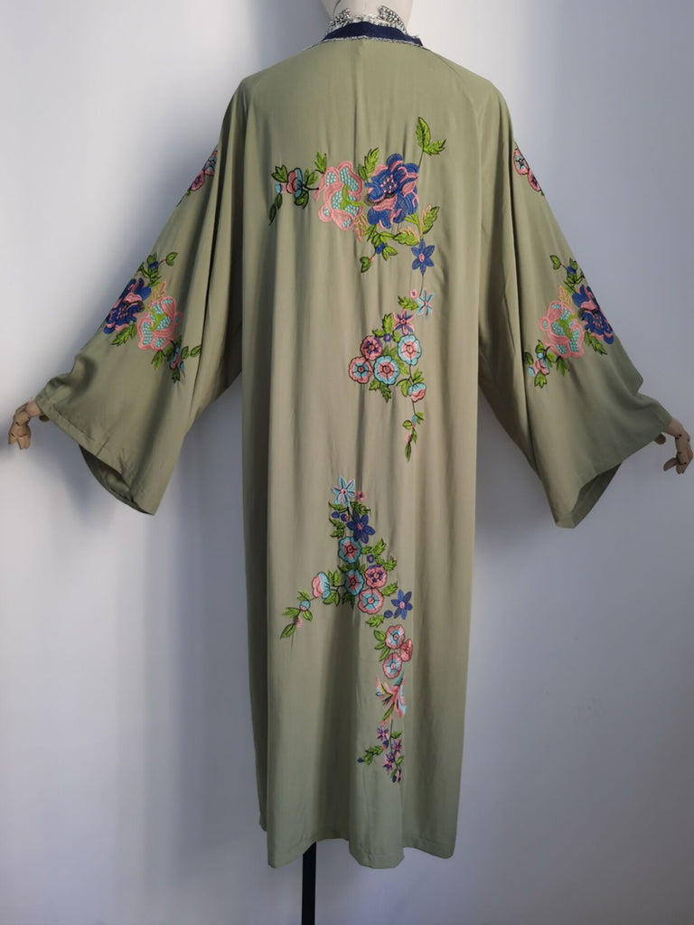 Army Green Boho Embroidered Kimono Beautiful Olive Floral Embroidery B ...
