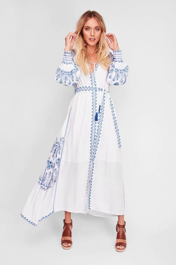 Bahia Maxi Dress White With Blue Embroidery Long Puffed Peasant Sleeve Made4Walkin Bahia Maxi Dress White With Blue Embroidery Long Puffed Peasant Sleeve Made4Walkin