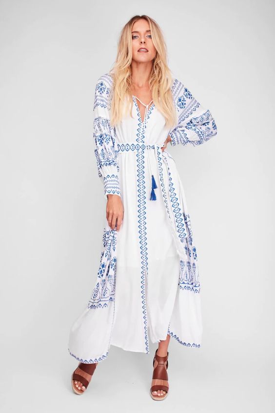 white maxi dress with blue embroidery Elodea White and Blue Embroidered Tiered Maxi Dress: 12 / White The Style Closet