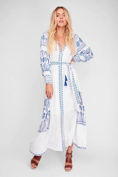 Bahia Maxi Dress White With Blue Embroidery Long Puffed Peasant Sleeve Made4Walkin Bahia Maxi Dress White With Blue Embroidery Long Puffed Peasant Sleeve Made4Walkin