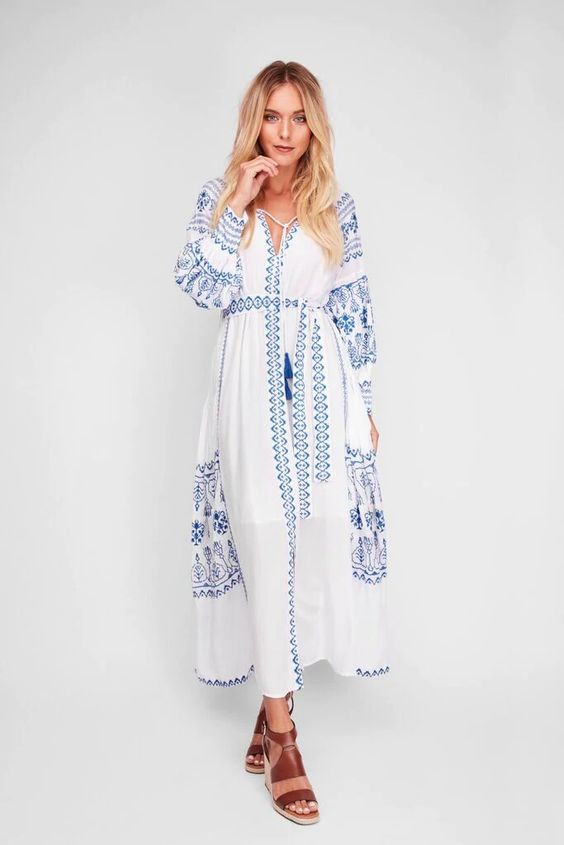 Bahia Maxi Dress White With Blue Embroidery Long Puffed Peasant Sleeve Made4Walkin Bahia Maxi Dress White With Blue Embroidery Long Puffed Peasant Sleeve Made4Walkin