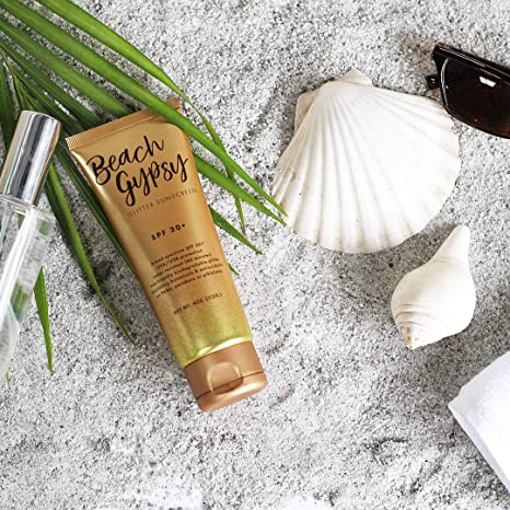 Beach Gypsy Glitter Sunscreen SPF 30+ Water Resistant Eco Friendly UVA/UVB Protection Nourishing Botanicals Antioxidants No PABA Parabens Or Pthlates 4 Oz Full Size
