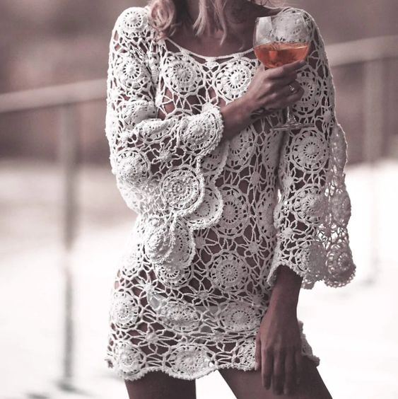 White Long Sleeve Crochet Dress