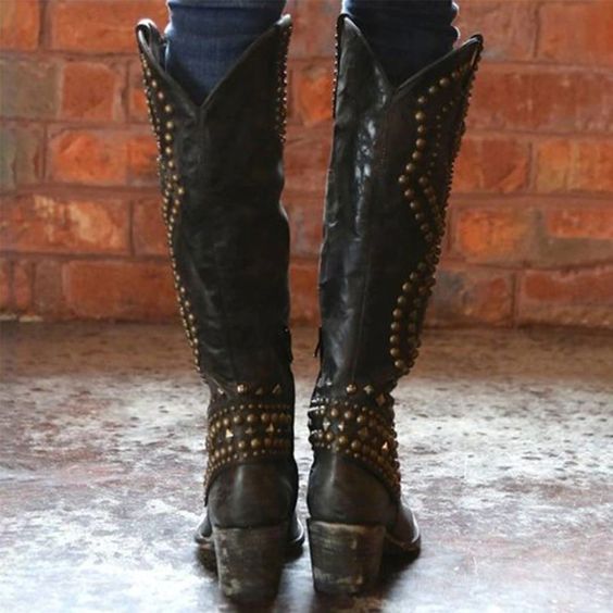 Studded Cowboy Boots For Women In Weathered Black Brown Or Burgundy Knee High Western Cowgirl Boots
