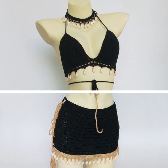 Black Crochet Top Skirt & Choker