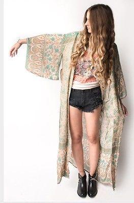 Boho Maxi Kimono Turquoise Tan Floral "Blossom" Full Length Summer Night Wrap Thin Breezy Bohemian Chic Available In Sizes Small Medium Large Or XL