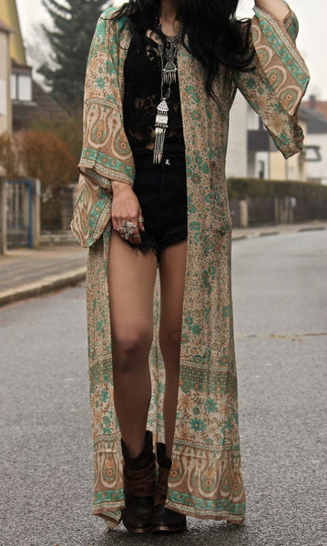 Boho Maxi Kimono Turquoise Tan Floral 