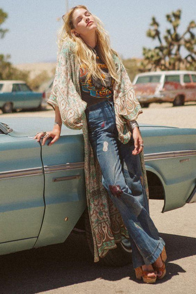 Boho Maxi Kimono Turquoise Tan Floral 