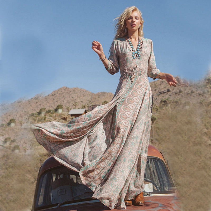 Boho Maxi Dress Floral Chiffon "Blossom" Thin Breezy Turquoise Tan Summer Gown 3/4 Peasant Sleeves Small Medium Large XL Or Plus Size 2X XXL Or 3X ... Boho Maxi Dress Floral Chiffon "Blossom" Thin Breezy Turquoise Tan Summer Gown 3/4 Peasant Sleeves Small Medium Large XL Or Plus Size 2X XXL Or 3X ...