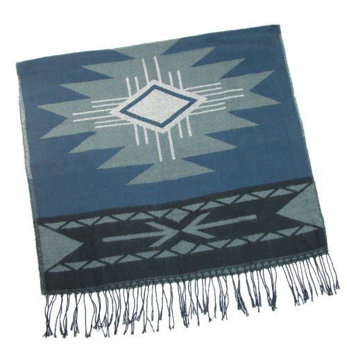 Aztec Blanket Scarf Blue And Tan With Fringe Southwestern Print Big And Long 27" x 70" Boho Western Cowgirls
