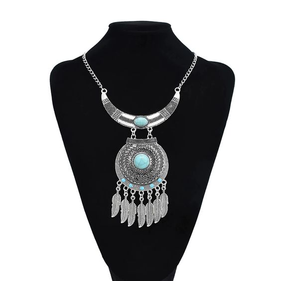 Gypsy Necklace With Turquoise Blue Coral Red Or Black Stones Silver Coins Or Silver Feathers Boho Statement Jewelry Gipsy Wanderer Accessory Two Different Necklace Styles Available You Choose