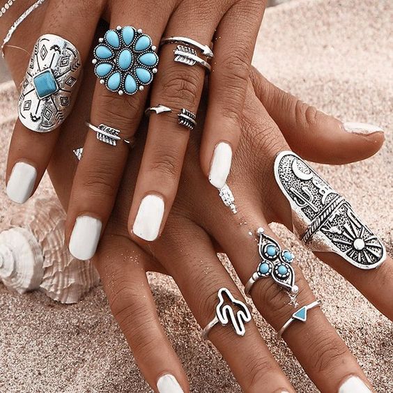 Boho Stacking Rings 9 Pc. Set Silver Turquoise Long Shield Cactus Arro –  Made4Walkin