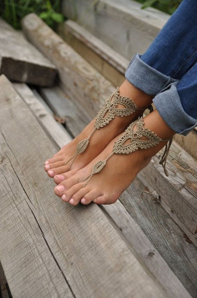 Crochet Barefoot Sandals Tan Black Or White Beach Shoes Foot Jewelry Lace Up Leg Wear Them At The Pool With Flip Flops Or Out With High Heels