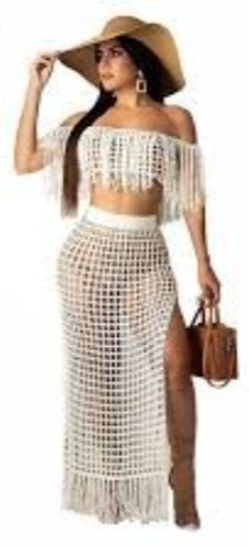 White Fishnet Maxi Skirt Set